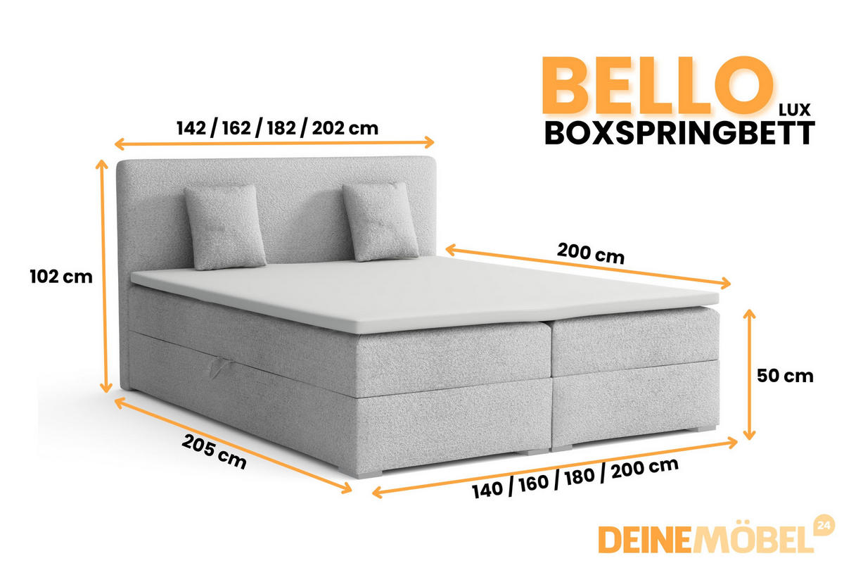 BOXBETT BELLO LUX 200/200 in Boucle Hellgrau H3 - Hellgrau, Holz/Holzwerkstoff (200/200cm) - Deine Möbel 24