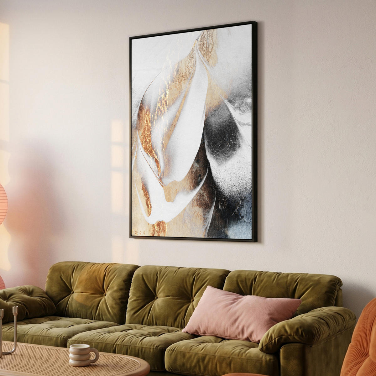 LEINWAND Bilder mit Rahmen - Luxus - Abstrakt - Gold - Weiß - 100x150 - Goldfarben, Textil (100/150cm) - MuchoWow