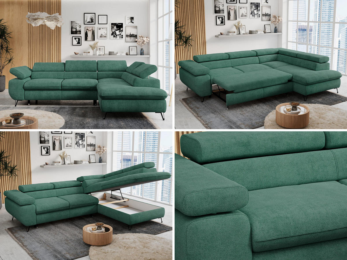 ECKSOFA PETER L Grün Struktur - Rechts Seite - Schwarz/Grün, Textil/Metall (273/208cm) - MKS