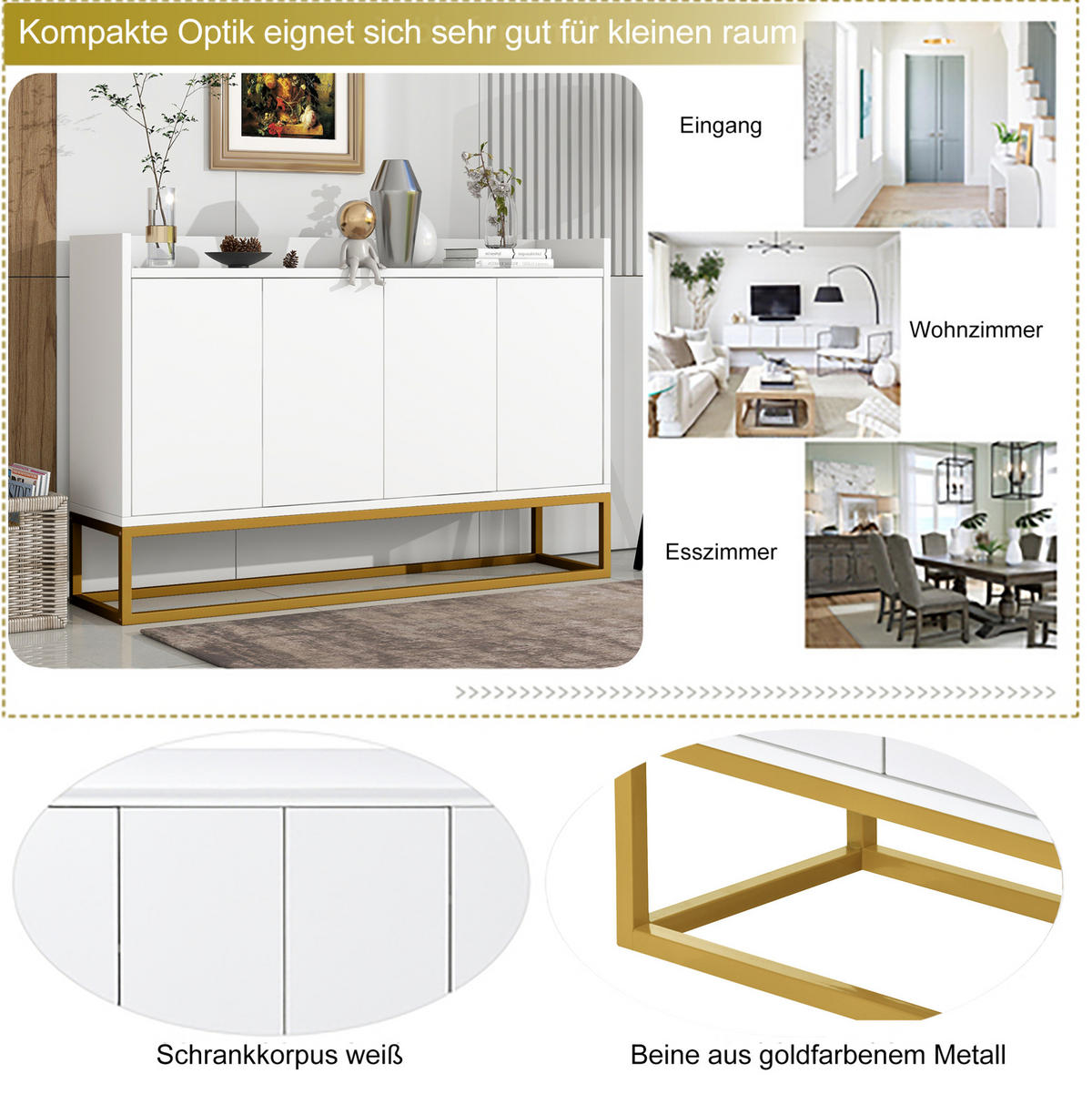SIDEBOARD 120/30/80 cm in Weiß mit 4 Türen und verstellbaren Einlegeböden - Weiß, Holzwerkstoff (120/80/30cm) - Flora Grace