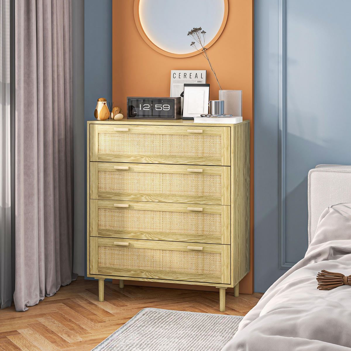 KOMOODE DE-12836 4 Schubladen mit Rattan Hellholz - Naturfarben, Holzwerkstoff (90/108.5/45cm) - ComfortXL