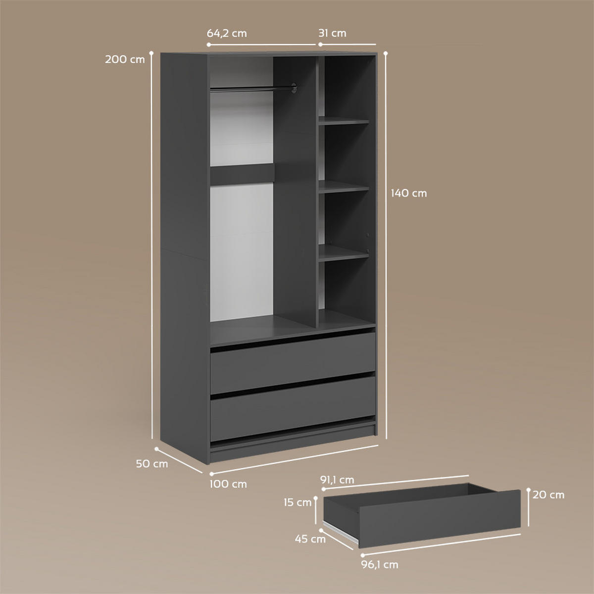 GARDEROBA Trento Antracit z 2 predaloma - antracit, leseni material (100/200/50cm) - Livinity®