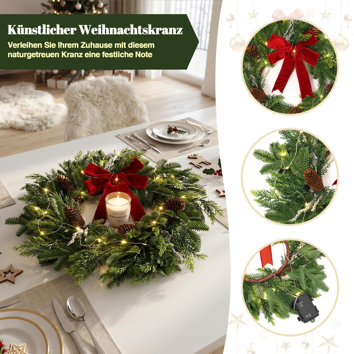 RUNDER Weihnachtskranz Ø45cm mit roter Schleife, 25 LEDs,Timer - Dunkelgrün, Naturmaterialien (45cm) - Hometopia