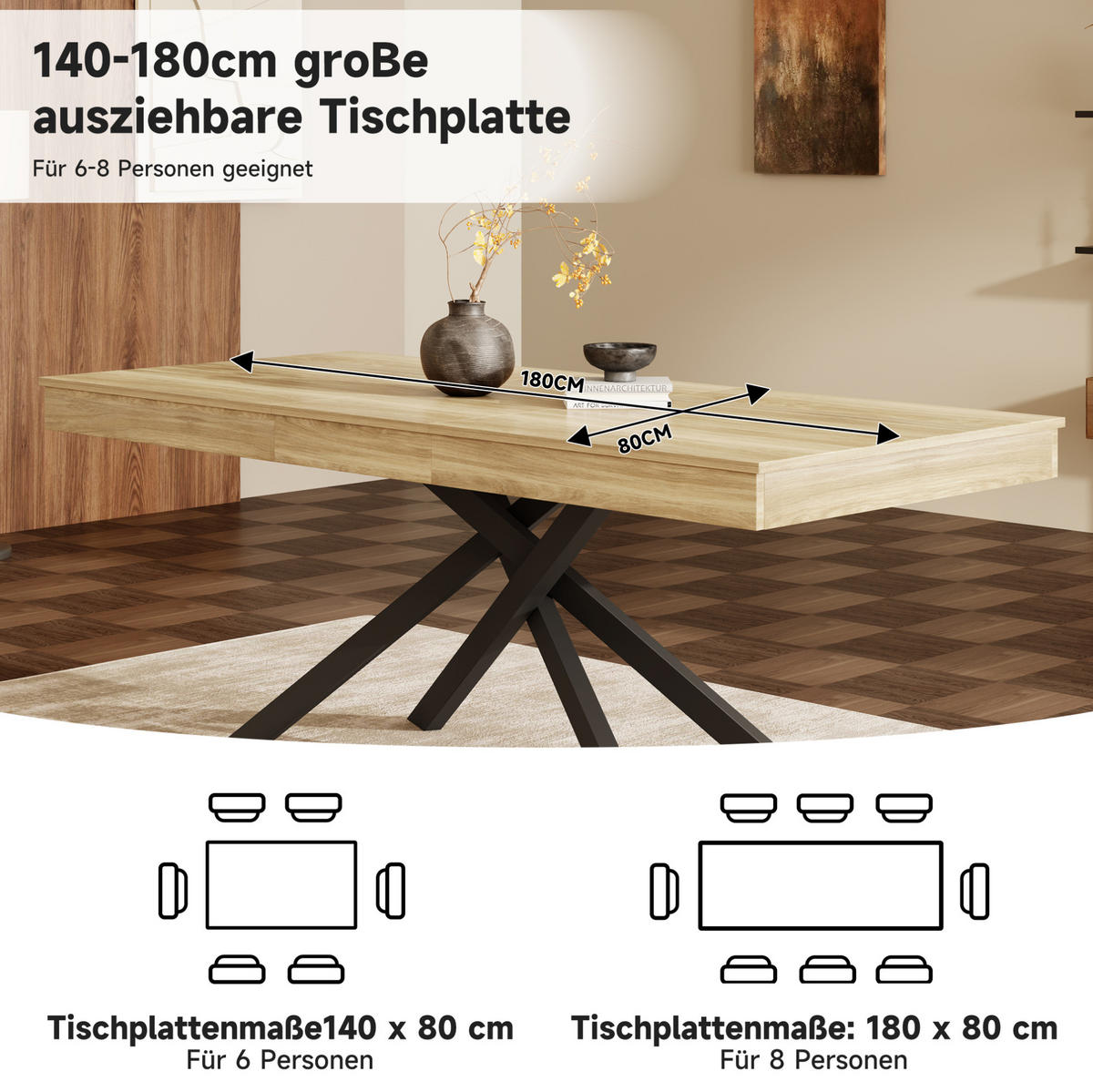 JEDÁLENSKÝ stôl 140/180/80 cm dubová farba, rozkladací, MDF - farba duba, kompozitné drevo (180/80/76cm) - BEAOK