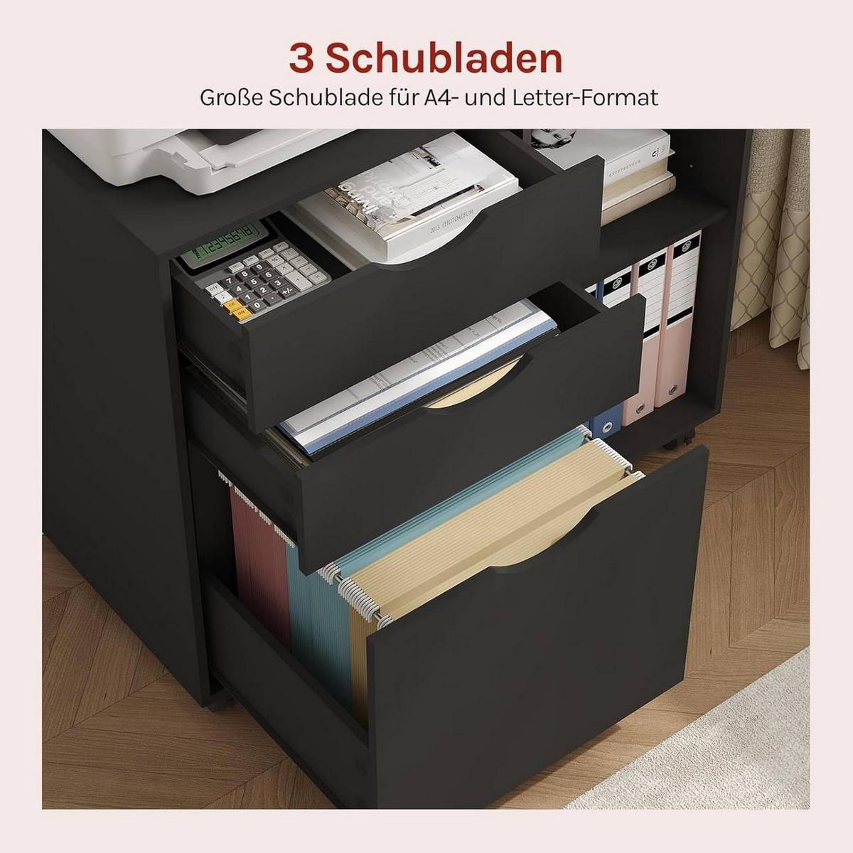 ROLLCONTAINER mit 3 Schubladen,5 Rollen, Schwarz - Schwarz, Holzwerkstoff (80/69.5/39.5cm) - Woltu