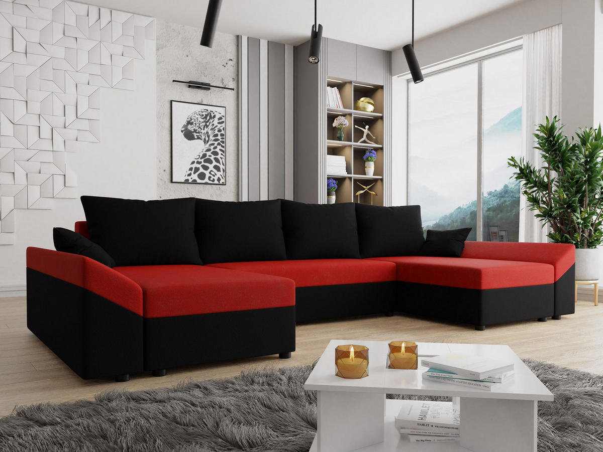 WOHNLANDSCHAFT Dante U - Rot/Schwarz, Holz/Kunststoff (310/82/140cm) - MIRJAN24