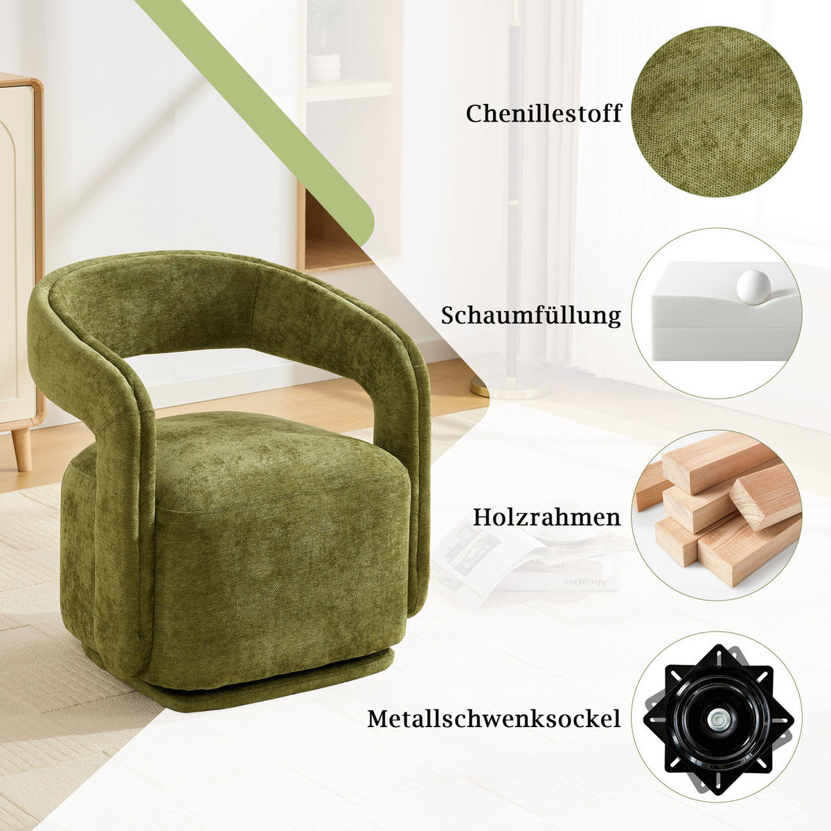 SESSEL,360 Grad Drehsessel Grün, Wohnzimmer Loungesessel - Grün, Textil (70/74/65cm) - PARAFTA HOME