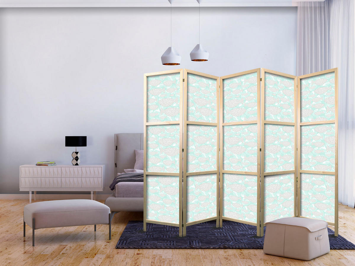 PARAVENT Japanischer 5-tlg 225x172 cm Gepunktete Fische - Grün, Holz/Textil (225/172/3cm) - Muralo