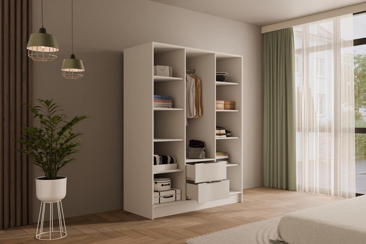 KLEIDERSCHRANK mit Spiegel und Flügeltüren KOLIN 150x200cm Weiß/Weiß - Weiß, Holzwerkstoff (150/200/51cm) - ALTDECOR