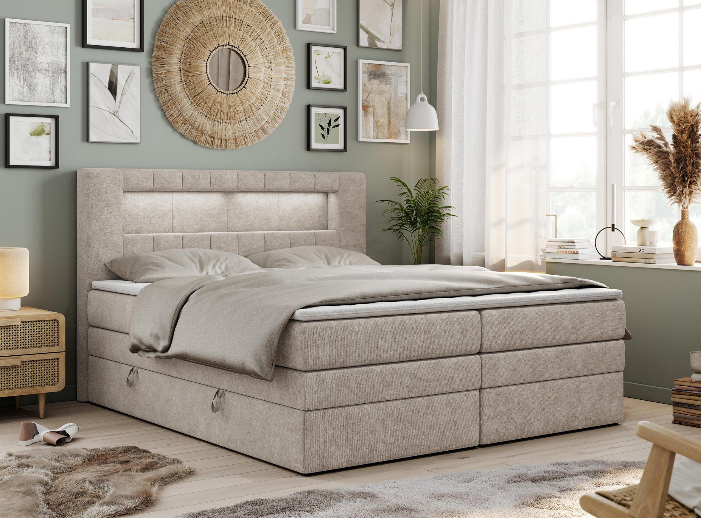 BOXSPRINGBETT GOLD-5 KING LED 180/200 Beige Struktur - H3 - Beige, Holz/Textil (180/200cm) - MKS