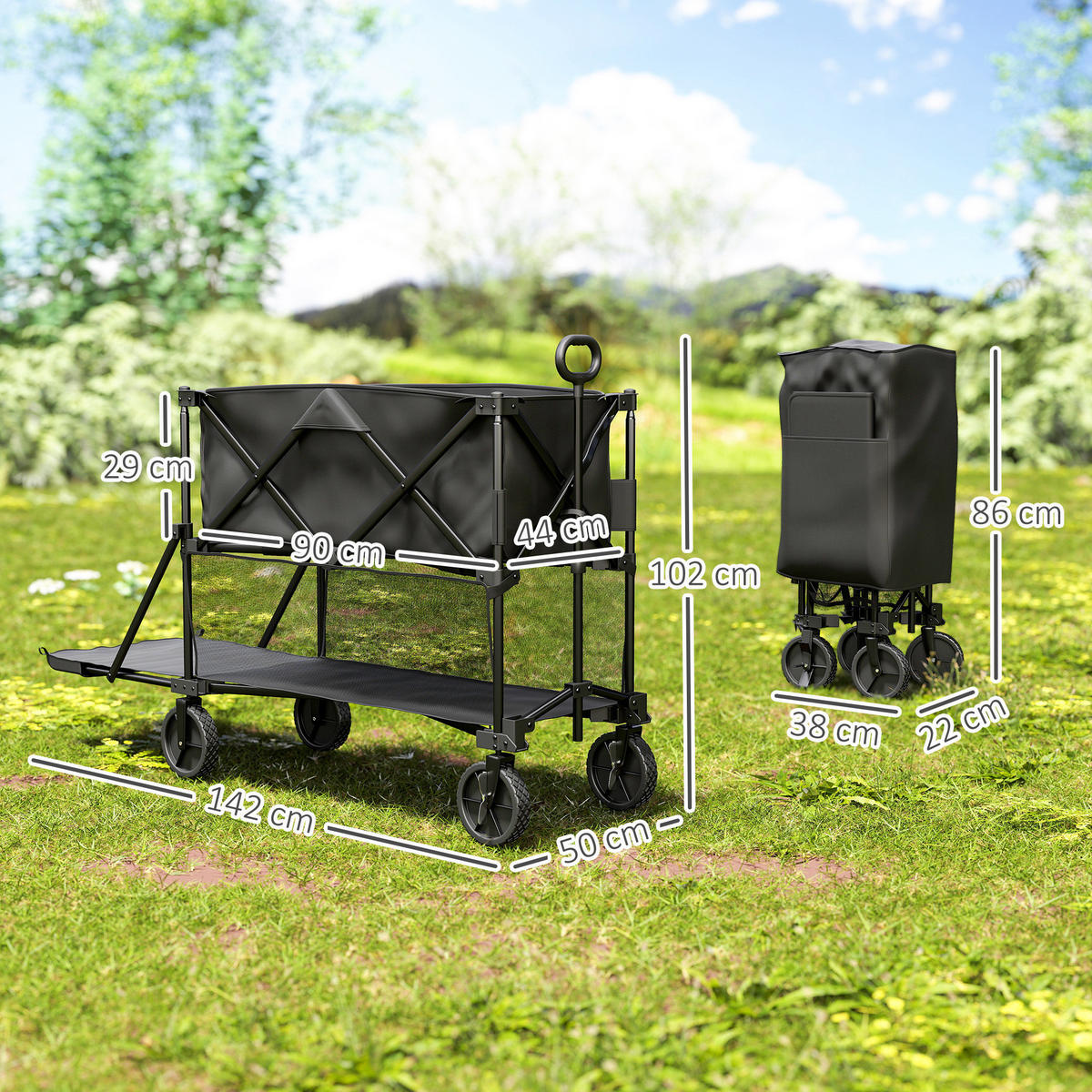 GARTENWAGEN DE-18767 2-stöckig, 350L & All-Terrain-Räder Schwarz - Schwarz, Metall (50/102/142cm) - ComfortXL