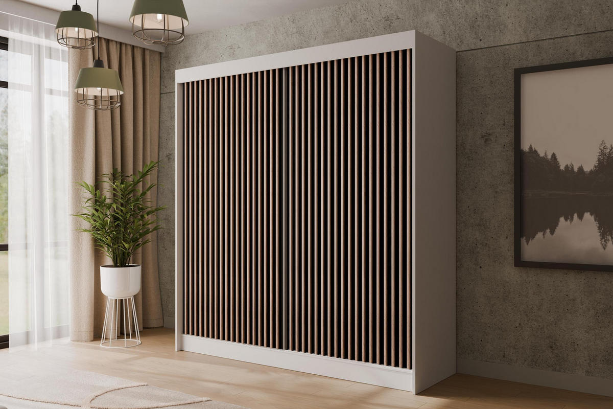 KLEIDERSCHRANK mit Lamel-Schiebetüren VILANv2 - 200 cm Weiß + Lamelle Eiche Wotan - Eiche Wotan/Weiß, Holzwerkstoff (200/215/61cm) - ALTDECOR