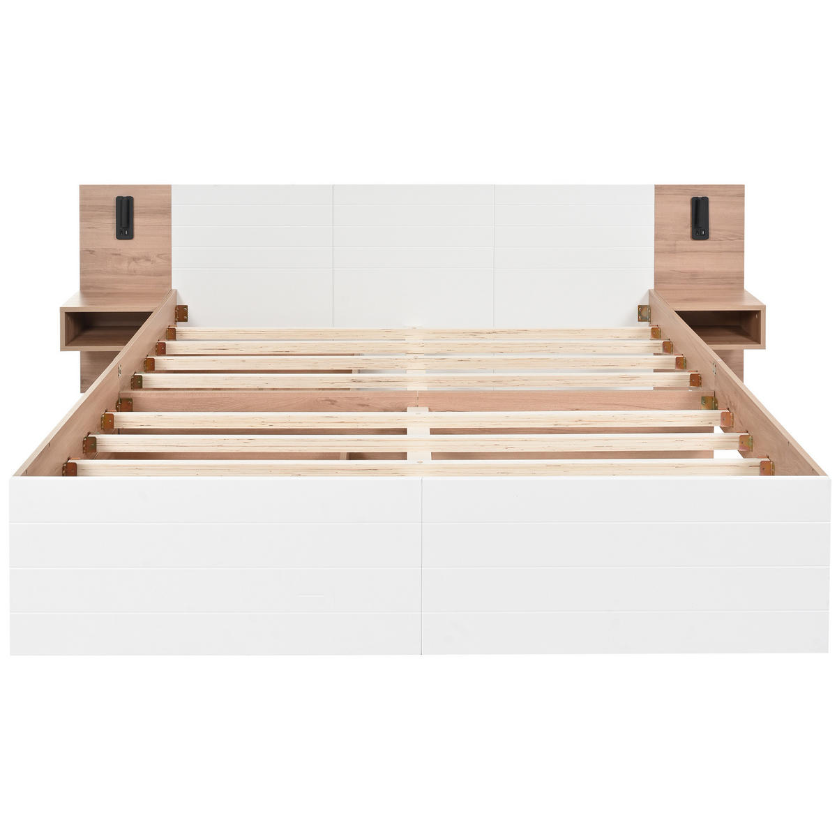 DOPPELBETT 140/200 cm mit USB, Leselampe, 2 Schubladen und Nachttischen aus Massivholz/MDF, Weiß/Eichefarben - Weiß, Holzwerkstoff (140/200cm) - Redom