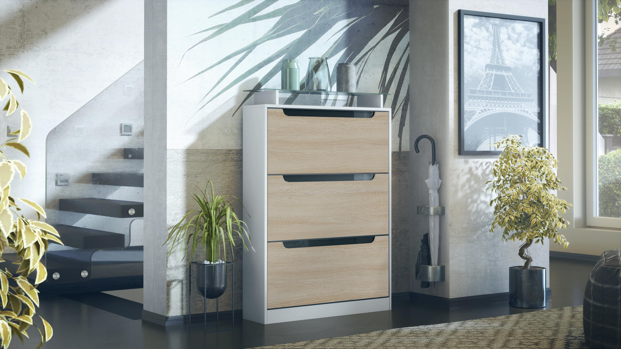 SCHUHSCHRANK Space Eiche sägerau / Schwarz Hochglanz - Eiche San Remo, Holzwerkstoff (89/128/23cm) - Vladon