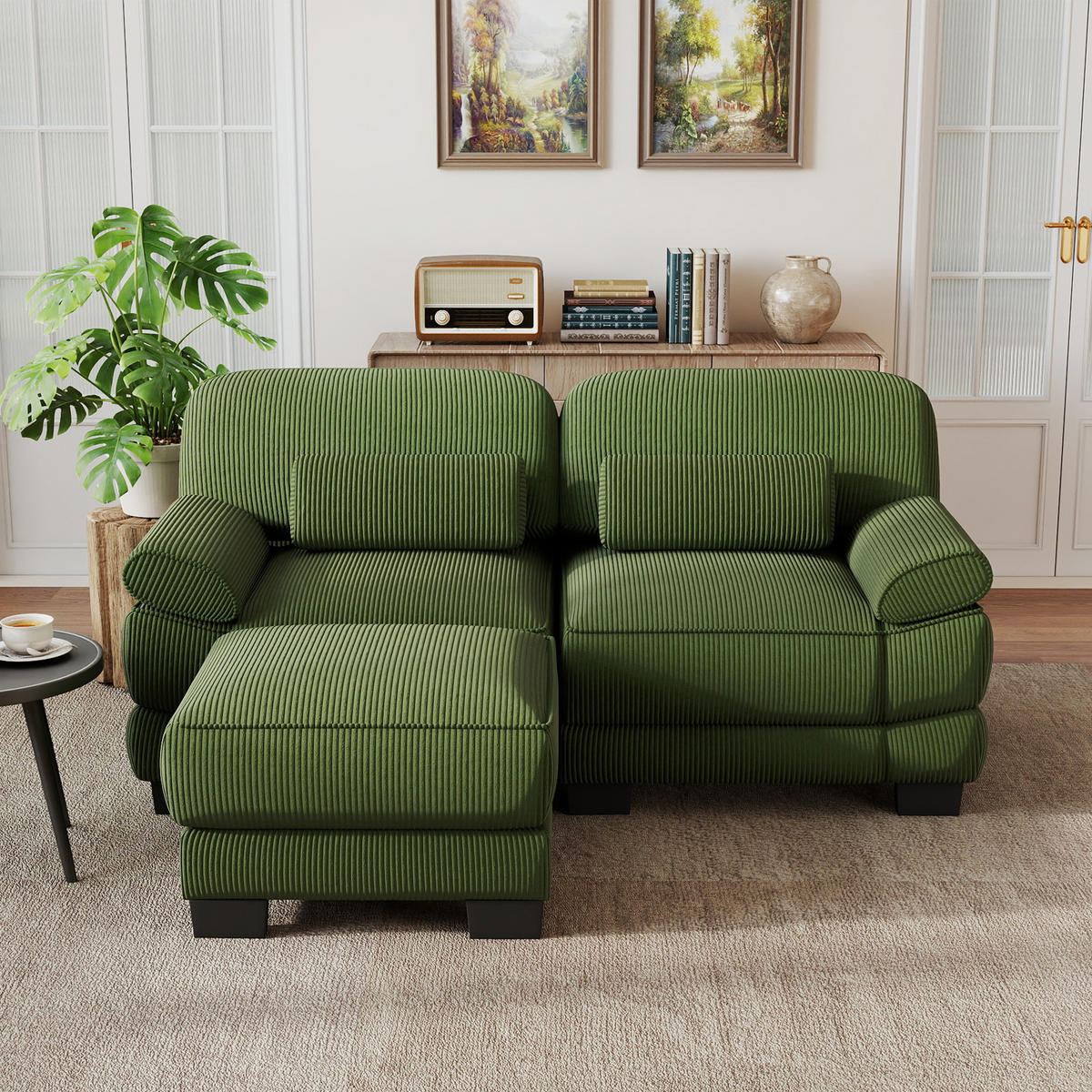 ECKSOFA 2-Sitzer L-Form mit Hocker, DE-42659, Grün - Grün, Holz (194/161cm) - ComfortXL