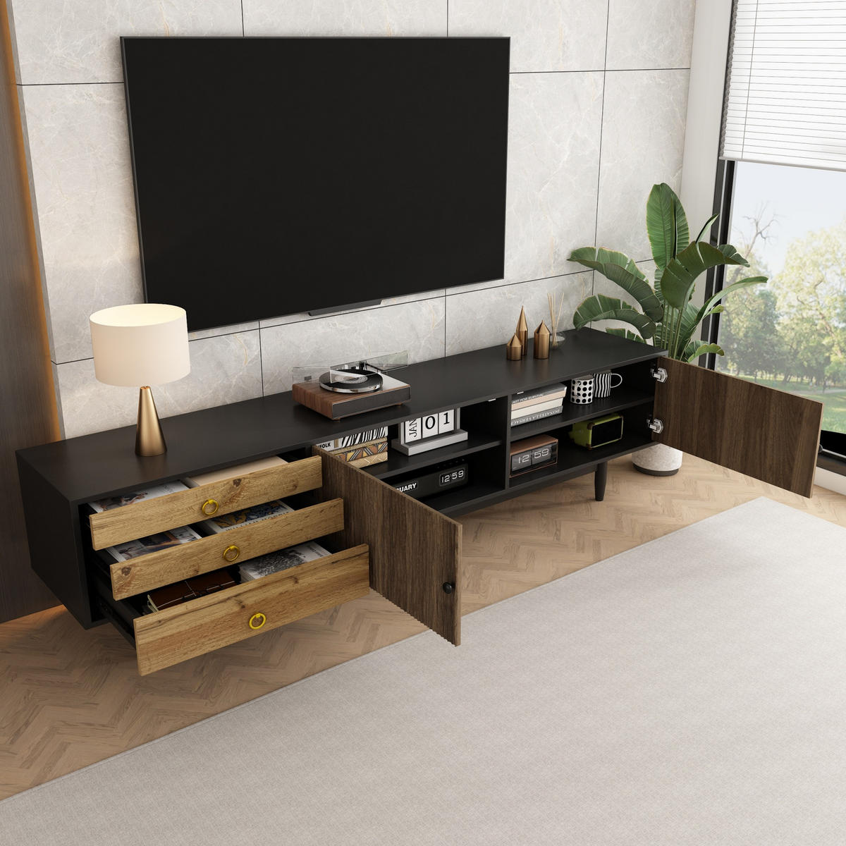 TV-SCHRANK 180/50/38 cm schwarz-finish MDF mit 2 Türen und 3 Schubladen - Schwarz, Holzwerkstoff (180/38/50cm) - OKWISH