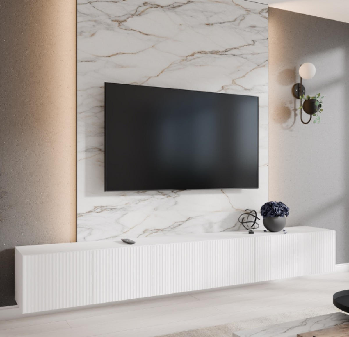 TV-LOWBOARD Weiß NOELI Geschlossen Gerillt 300 cm - Weiß, Holzwerkstoff (300/41/40cm) - Sepro Meble