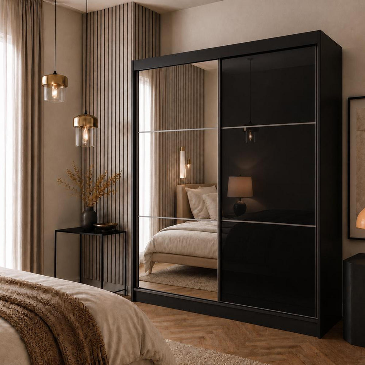 SKŘÍŇ s posuvnými dveřmi Viva 200/216/61 černá se zrcadlem - černá, kompozitní dřevo (200/216/61cm) - Beautysofa