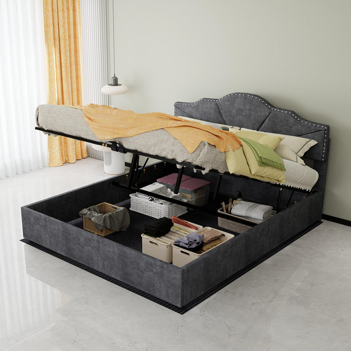 POLSTERBETT 160/200 cm in Grau mit Geometrischem Kopfteil Stoff Design - Grau, Holzwerkstoff/Textil (160/200cm) - STILVORA