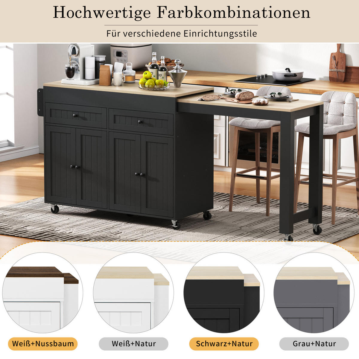 KÜCHENINSEL mit ausziehbarer Arbeitsplatte 112-180,5 cm MDF Black/Natural - Schwarz, Holz (45/92.2/180.5cm) - Beauniv