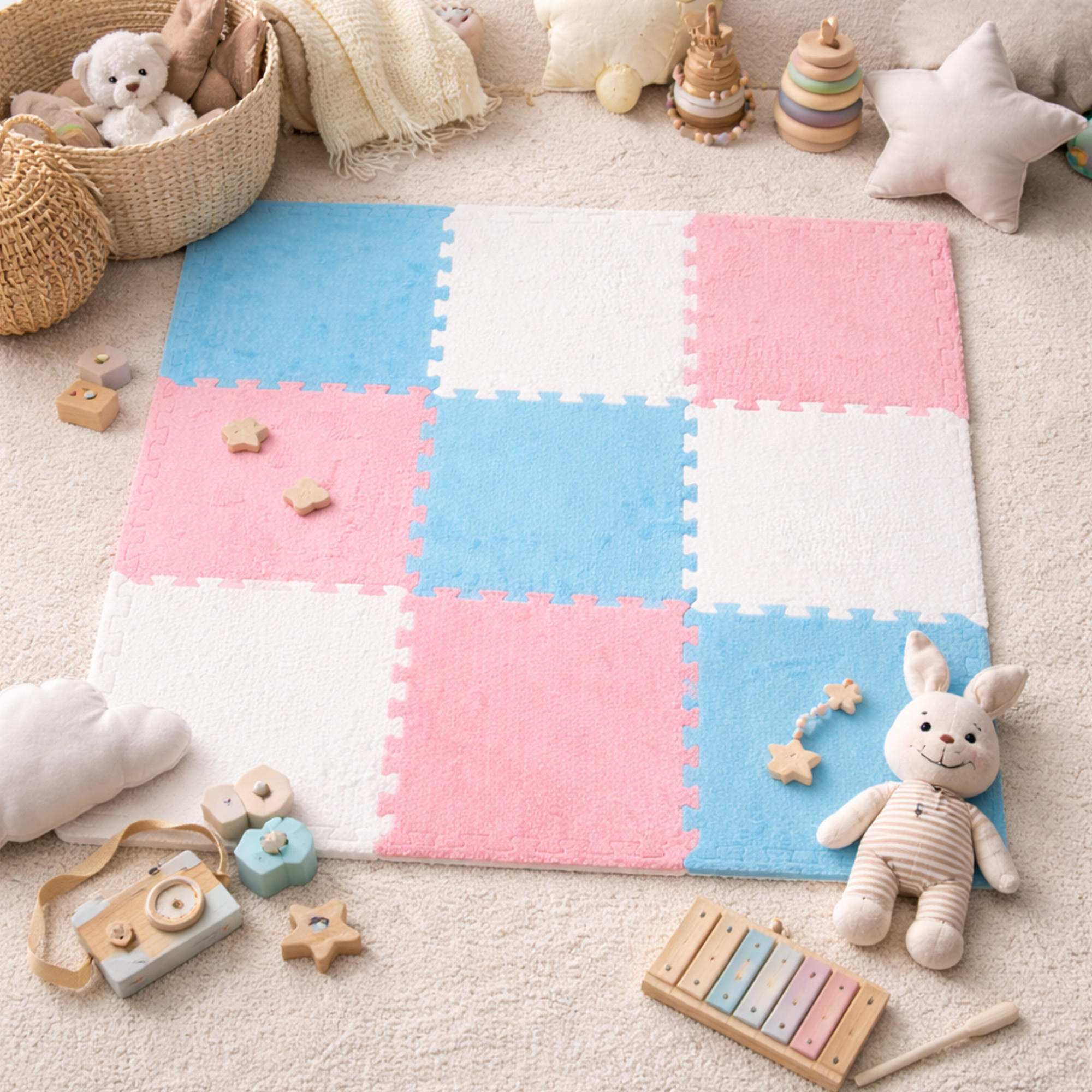 PUZZLETEPPICH für Kinderzimmer 30x30x1cm ( 18 Stück ) - Weiß/Rosa, Kunststoff (30/30cm) - Bestlivings