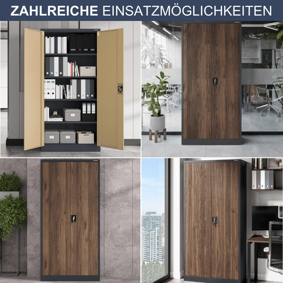 AKTENSCHRANK abschließbar 4er Set KADO 185x90x40cm Anthrazit-Nussbaum - Anthrazit, Metall (90/185/40cm) - DELUKE