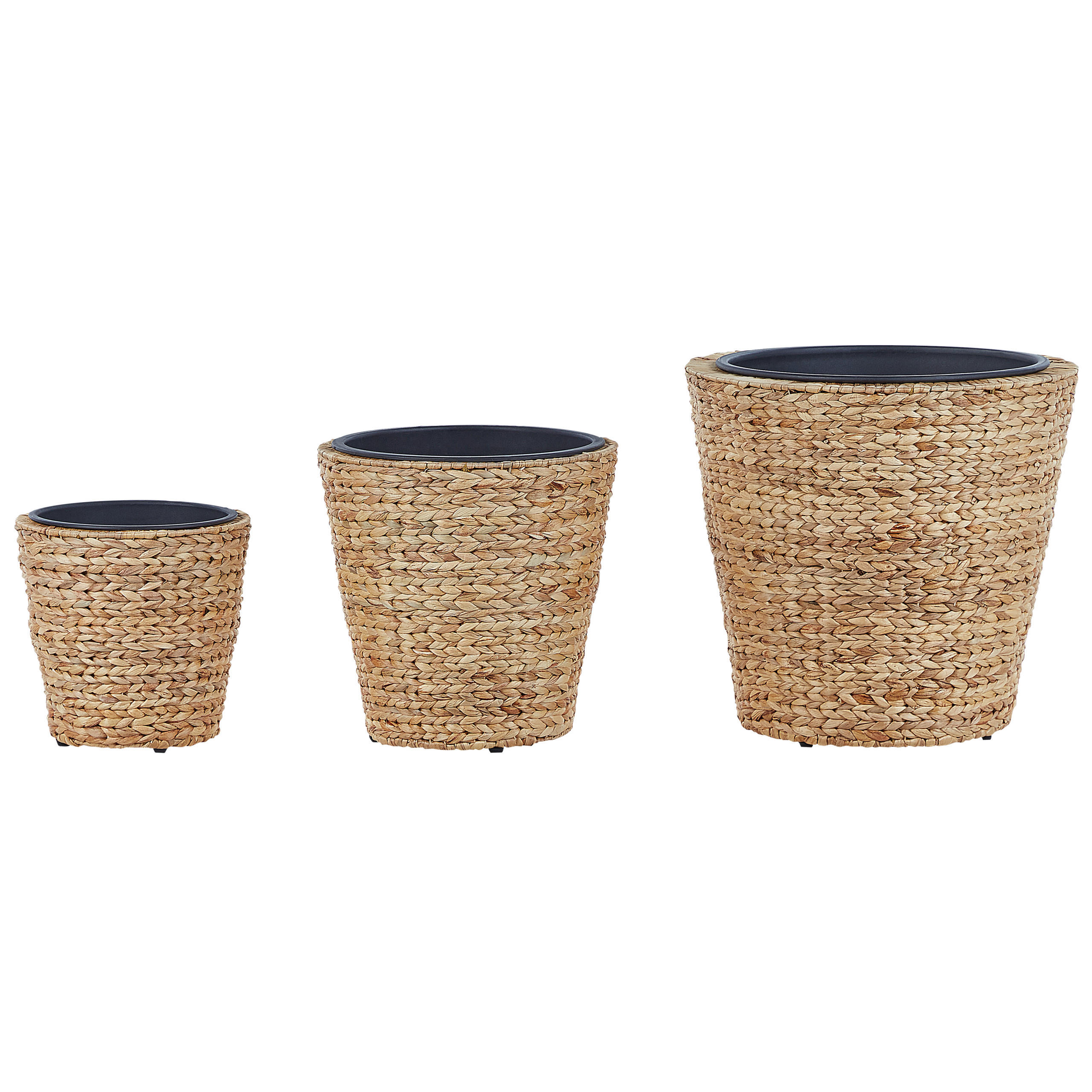 BLUMENTOPF 3er-Set Wasserhyazinthe natürlich rund 49-35/37-26/29-21 cm Plaka - Beige/Schwarz, Naturmaterialien (47cm) - Beliani