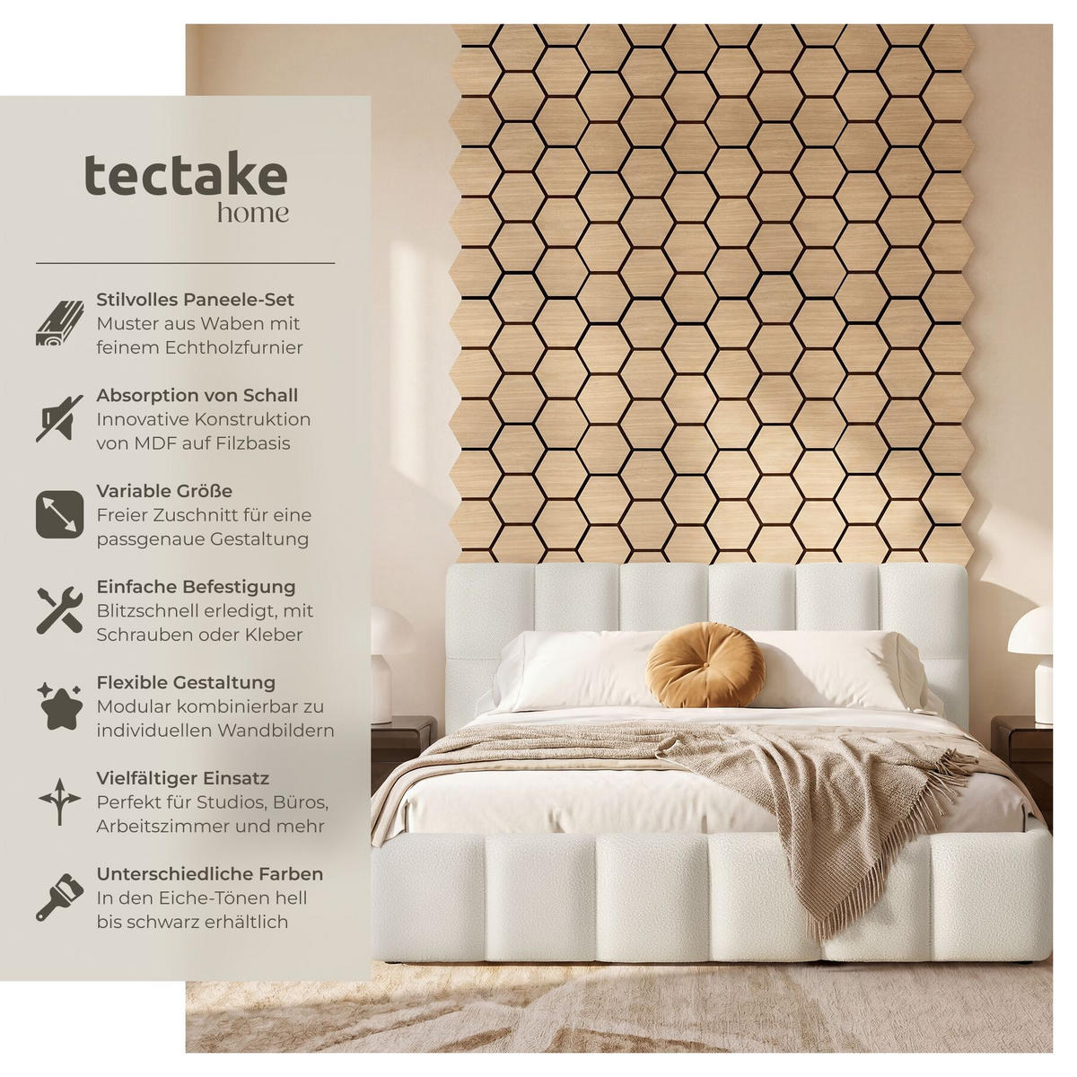 AKUSTIKPANEELE Sonic Shield, je 76 x 62 x 1,8 cm, Größe flexibel anpassbar, Eiche - Eichefarben, Holz (62/1.8/76cm) - tectake