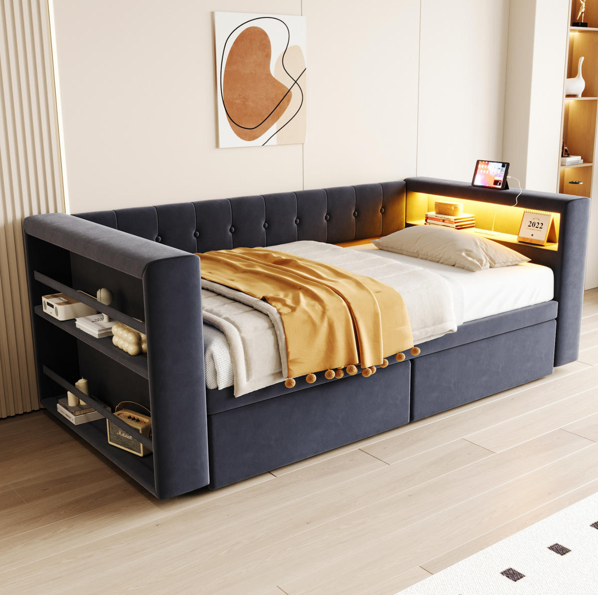 SCHLAFSOFA aus Flanellstoff 90x190 cm Dunkelgrau mit LED-Beleuchtung, Steckdose und Schubladen - Dunkelgrau, Textil (90/190cm) - IVMEU