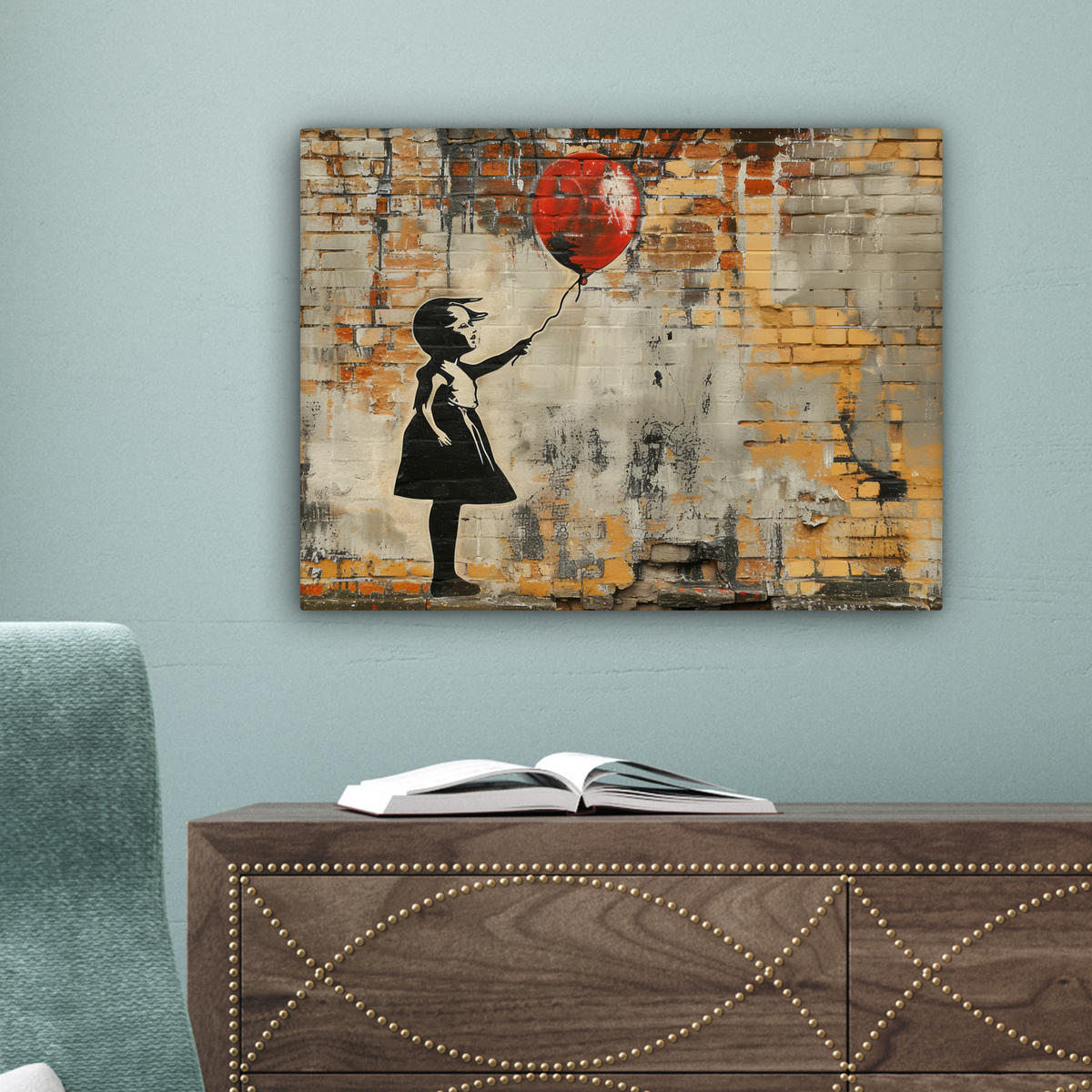 LEINWANDBILD Graffiti - Banksy - Mädchen - Straßenkunst Wandbild 40x30 cm - Sandfarben, Textil (40/30cm) - MuchoWow