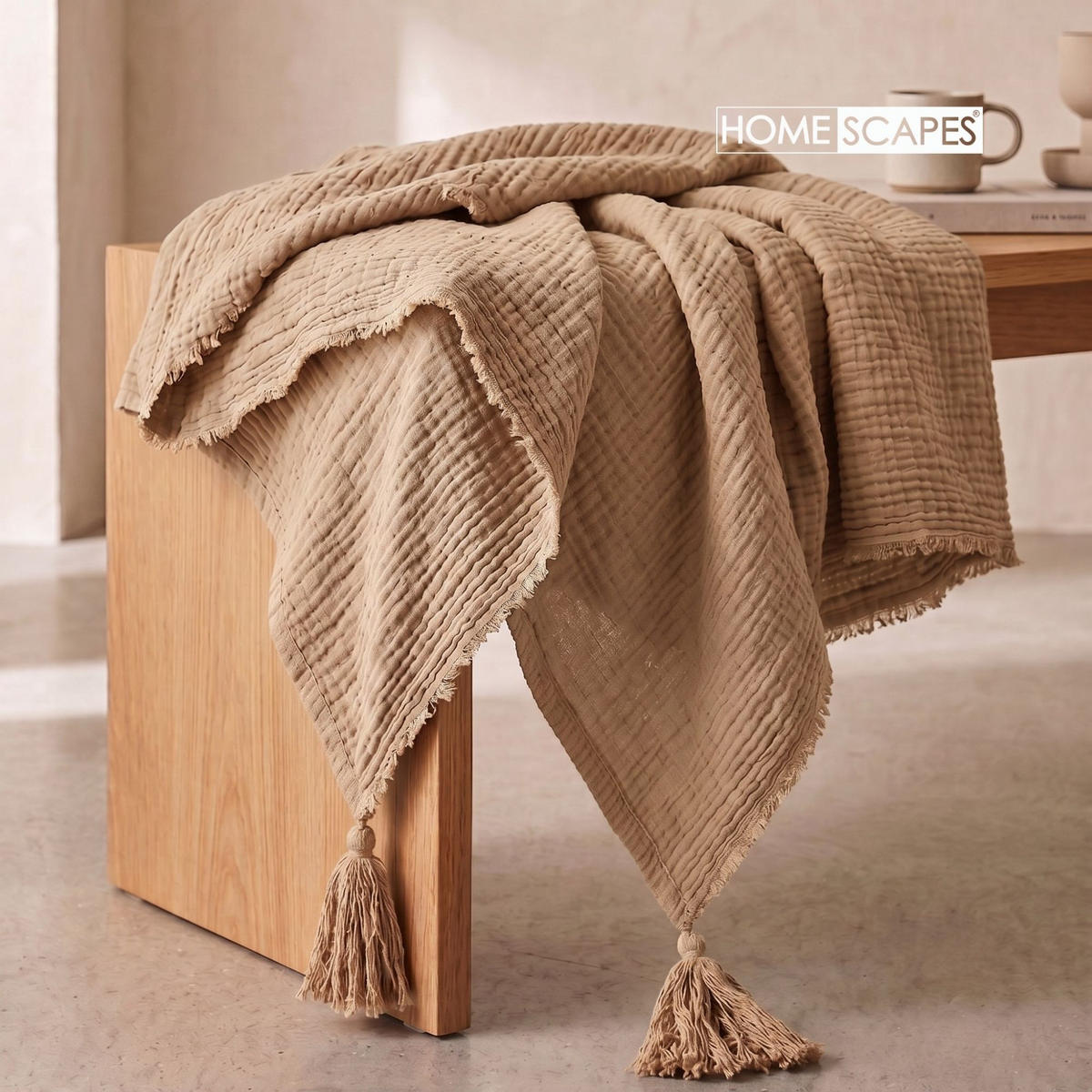 WOHNDECKE Musselin mokka mit Quasten - Mokka, Textil (127/180cm) - Homescapes