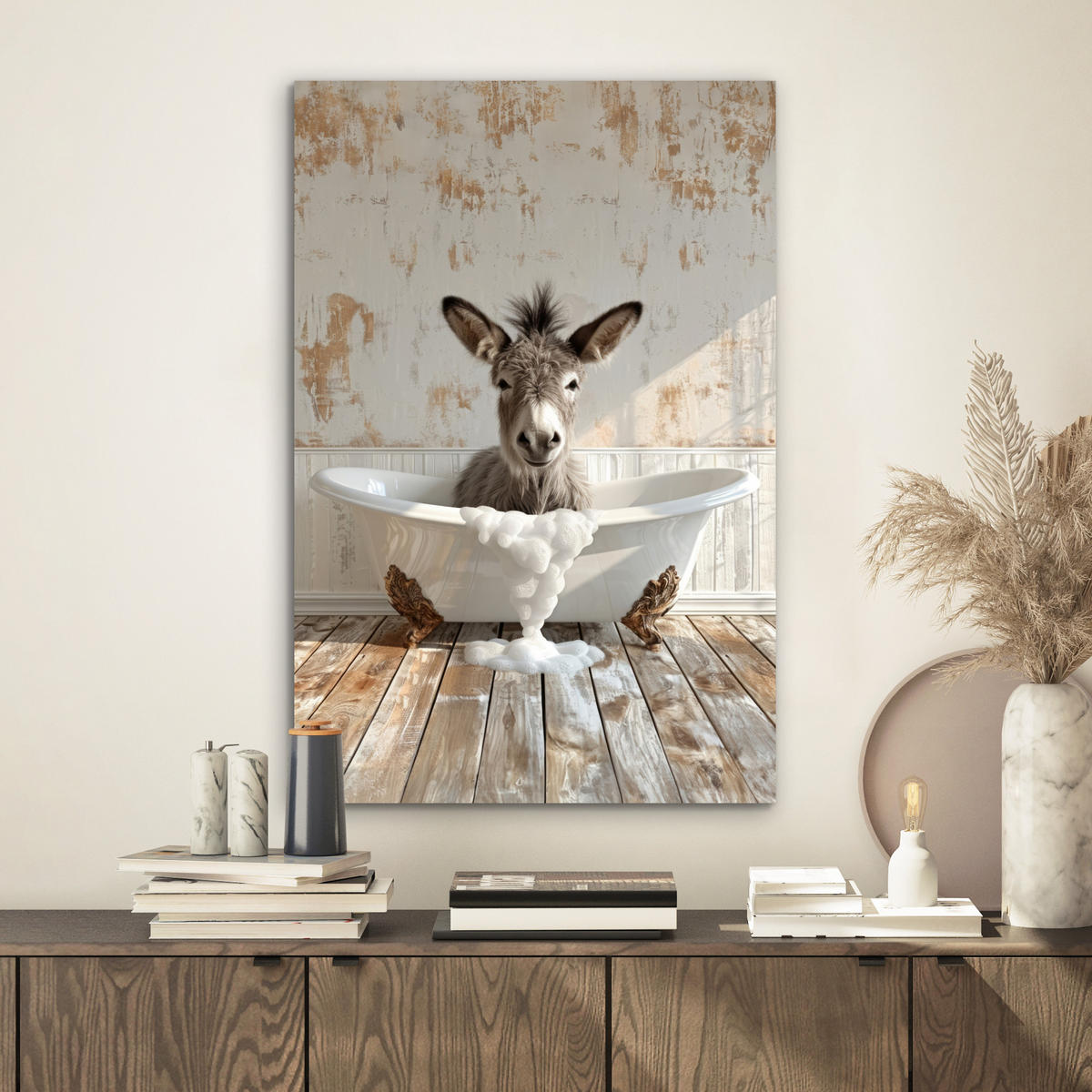 METALLBILD Esel - Tiere - Badewanne - Schaumstoff 40x60 cm - Weiß, Metall (40/60cm) - MuchoWow