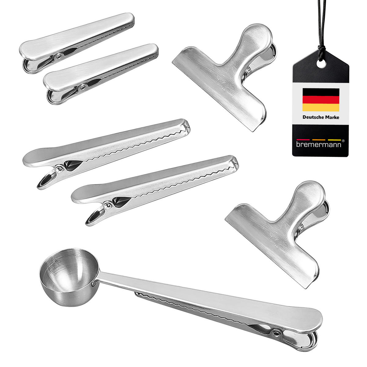 VERSCHLUSSKLAMMERN 7er-Set, silber - Edelstahlfarben, Metall (2.5/2.5/17.5cm) - bremermann