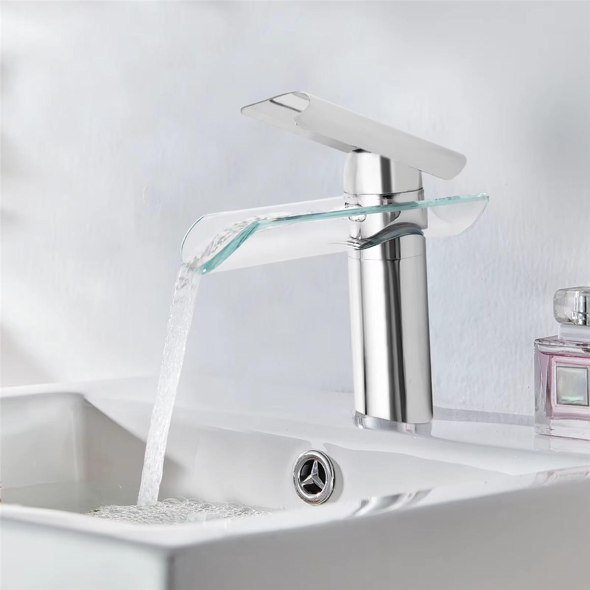 WASCHTISCHARMATUR Wasserfall Messing mit Glasauslauf - Silberfarben, Metall (17.5/17.5/3.5cm) - Kaket