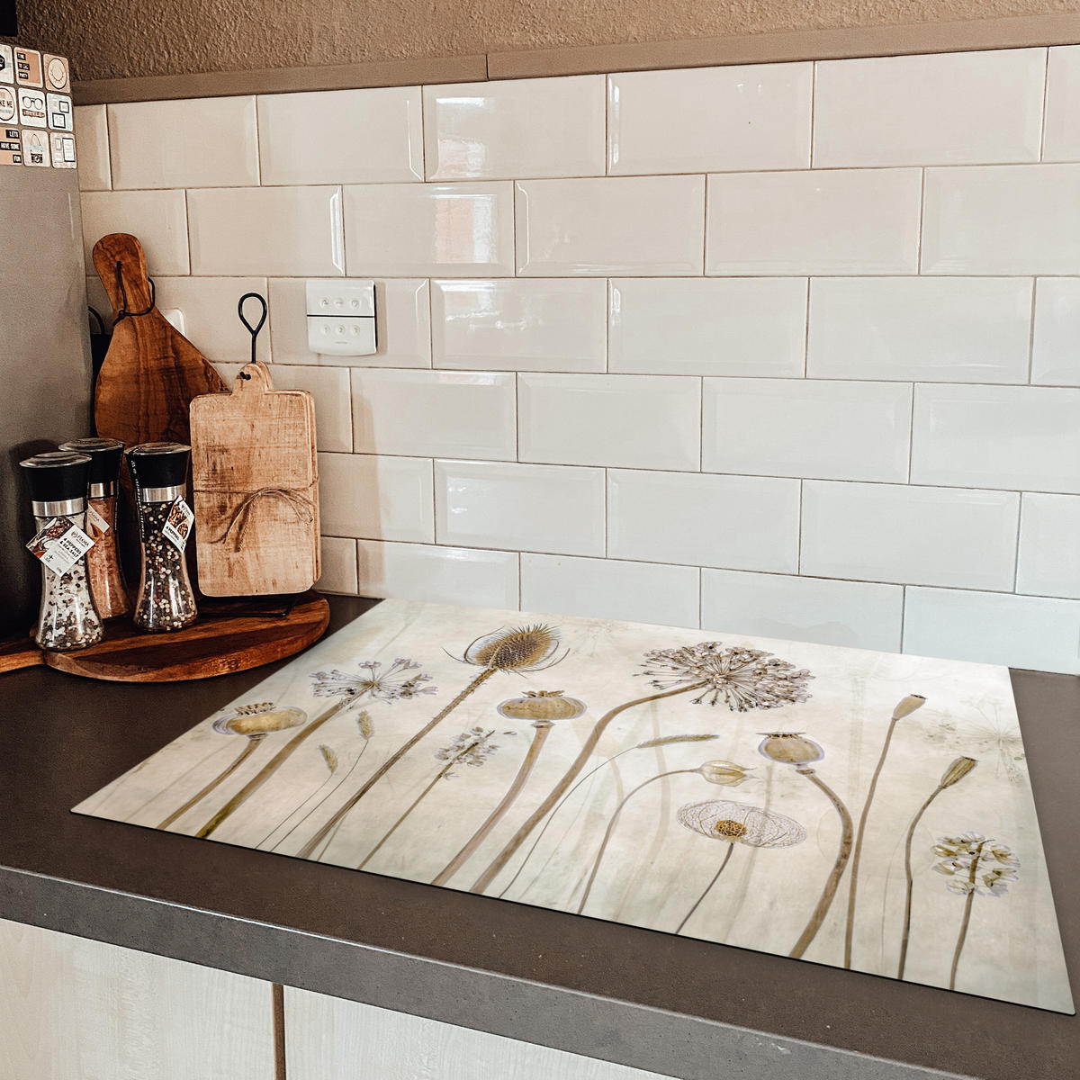 HERDABDECKPLATTE Blumen - Aquarell - Stilleben - Braun - Vintage 75x52 cm - Sandfarben, Kunststoff (75/52/0.2cm) - MuchoWow