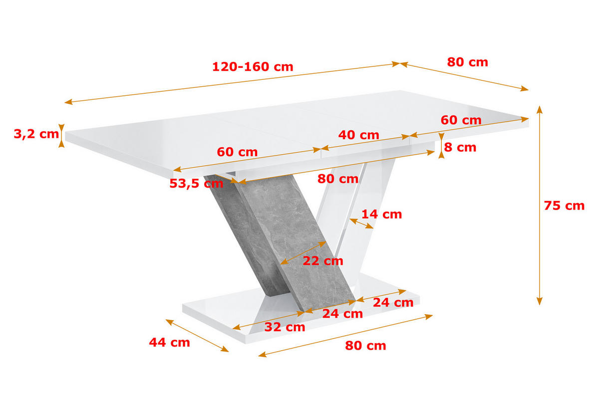 ESSTISCH ausziehbar 120 -160x80x75 cm - White Gloss / Stone - CLASI - Weiß Hochglanz/Grau, Holzwerkstoff (120/80/75cm) - ALTDECOR