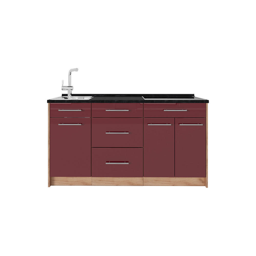 KÜCHENBLOCK Fame-Line, Bordeaux Hochglanz, 150 cm, AP Anthrazit - Honigeiche/Bordeaux, Holzwerkstoff (150/82/60cm) - Vicco
