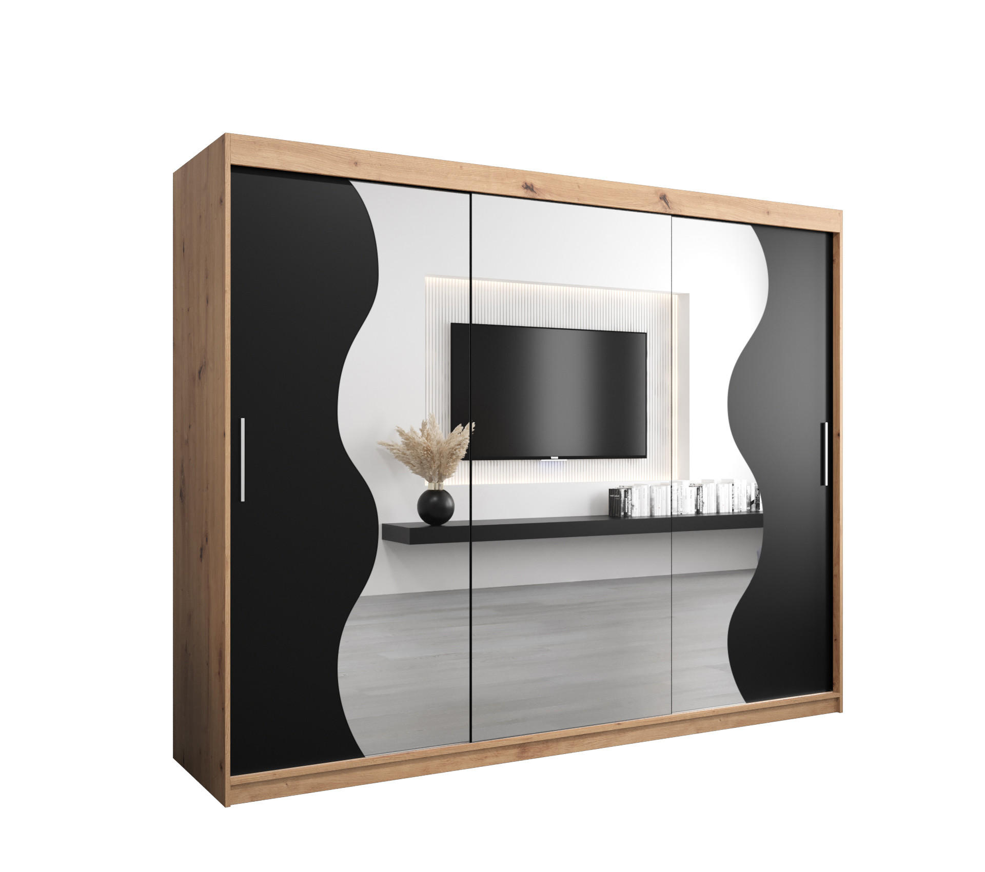 Möbel Kryspol Schwebetürenschrank Eiche Artisan, Schwarz 250x200x62 cm