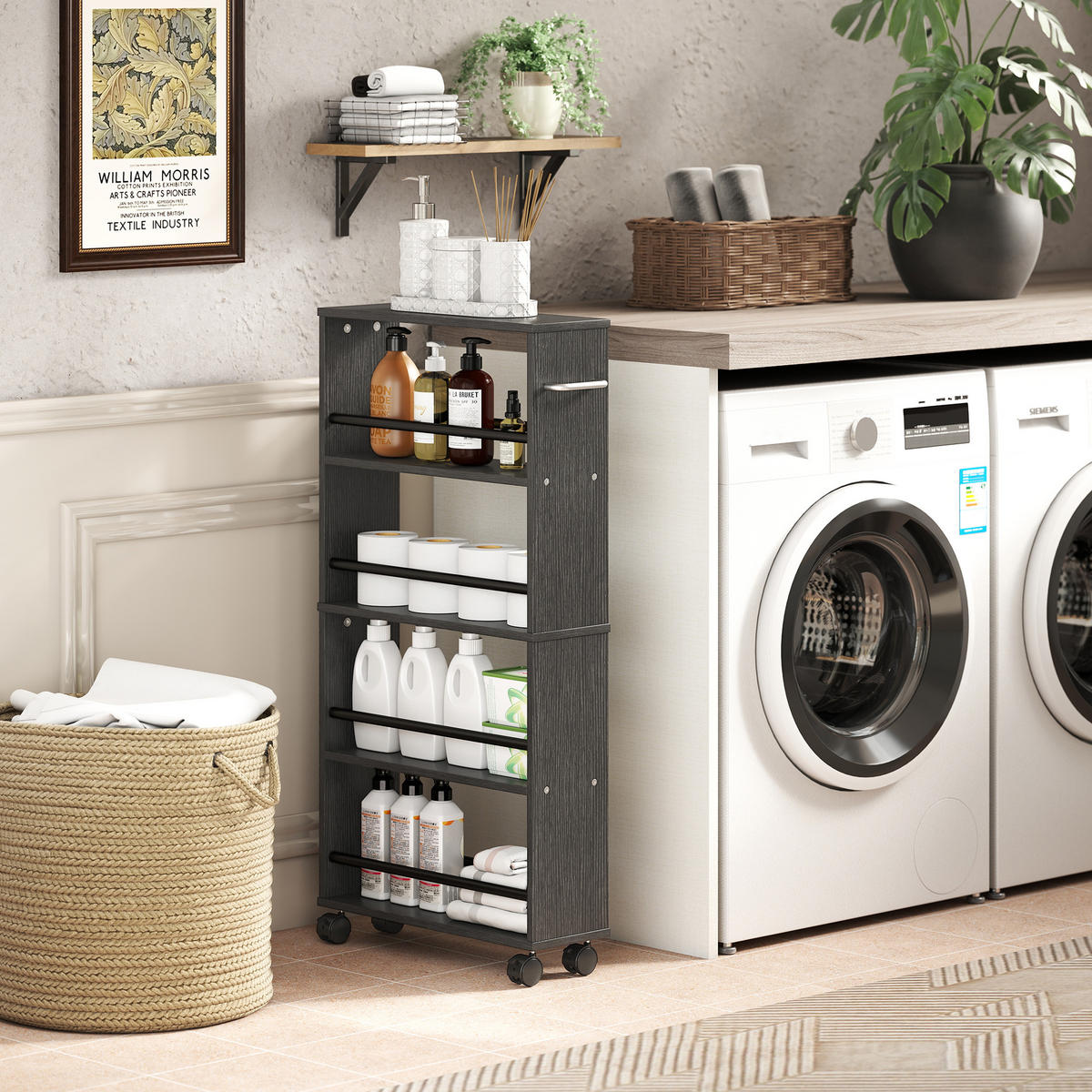 ROLLWAGEN, Schmaler Servierwagen mit 4 Etagen, Griffe, für Küche, Schwarz - Silberfarben/Schwarz, Holzwerkstoff/Metall (15/91/45cm) - HOMCOM