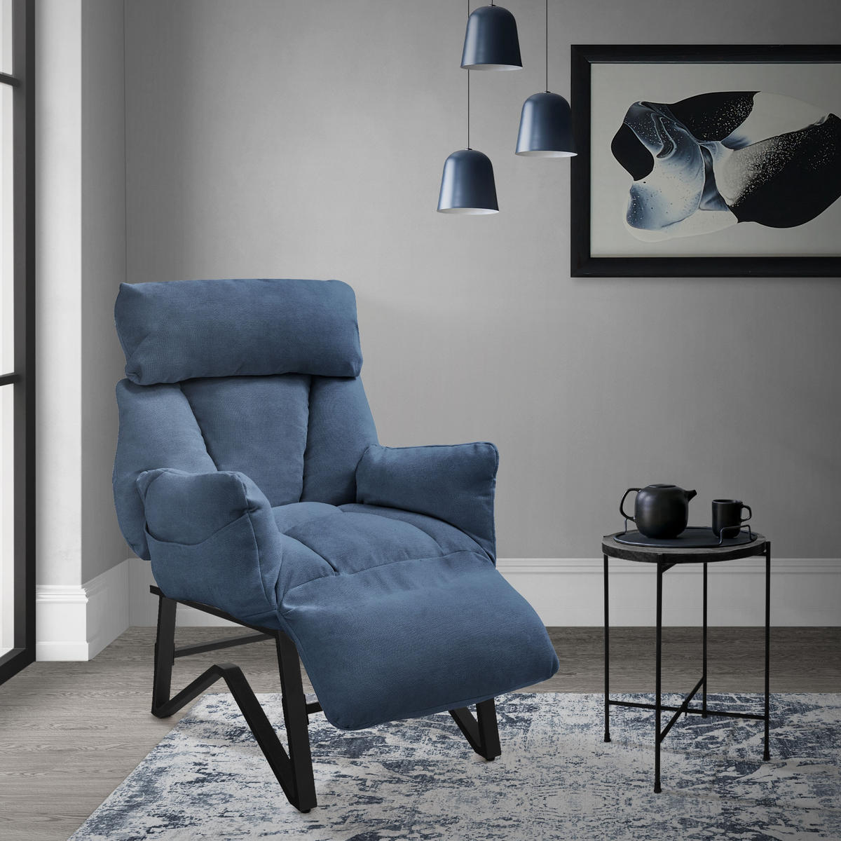 RELAXSESSEL Blau Leinenbezug verstellbar mit Armlehnen und Fußablage - Blau/Schwarz, Textil/Metall (85/102/82cm) - ML-DESIGN