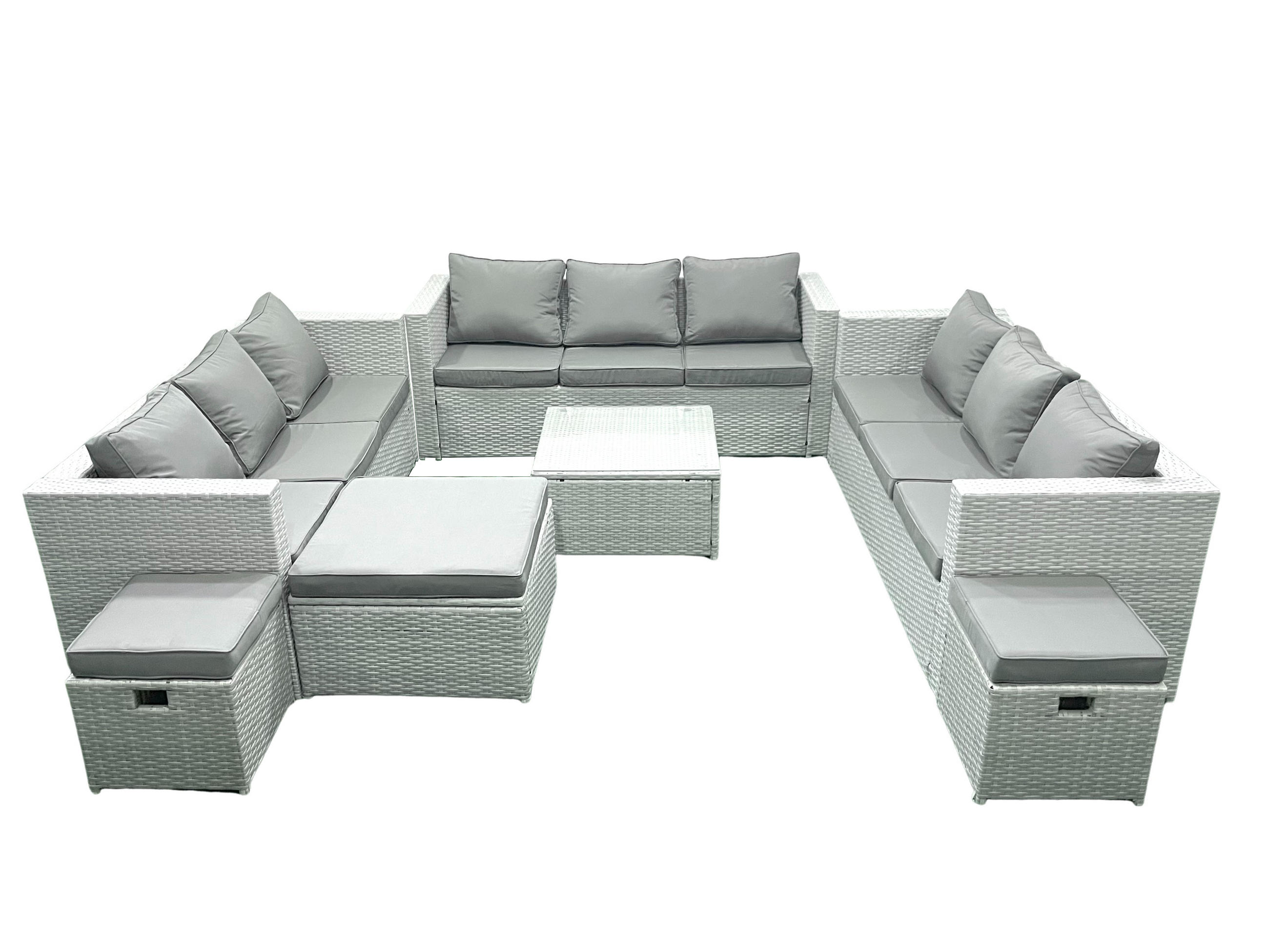 GARTENMÖBELSET mit 3-SITZER SOFA,COUCHTISCH Polyrattan Hellgrau-Mix 12-Sitzer - Hellgrau/Grau, Glas/Kunststoff - Fimous