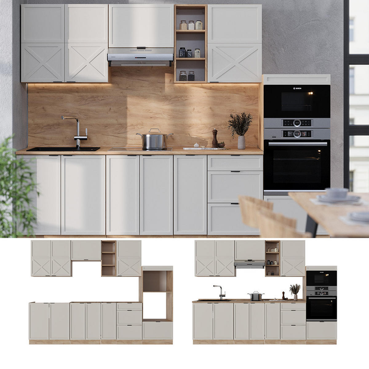 KÜCHENZEILE Fame-Line GrauBeige/Goldkraft Eiche 280 cm ohne AP - Honigeiche/Grau, Holzwerkstoff (280/81.6/46cm) - Vicco