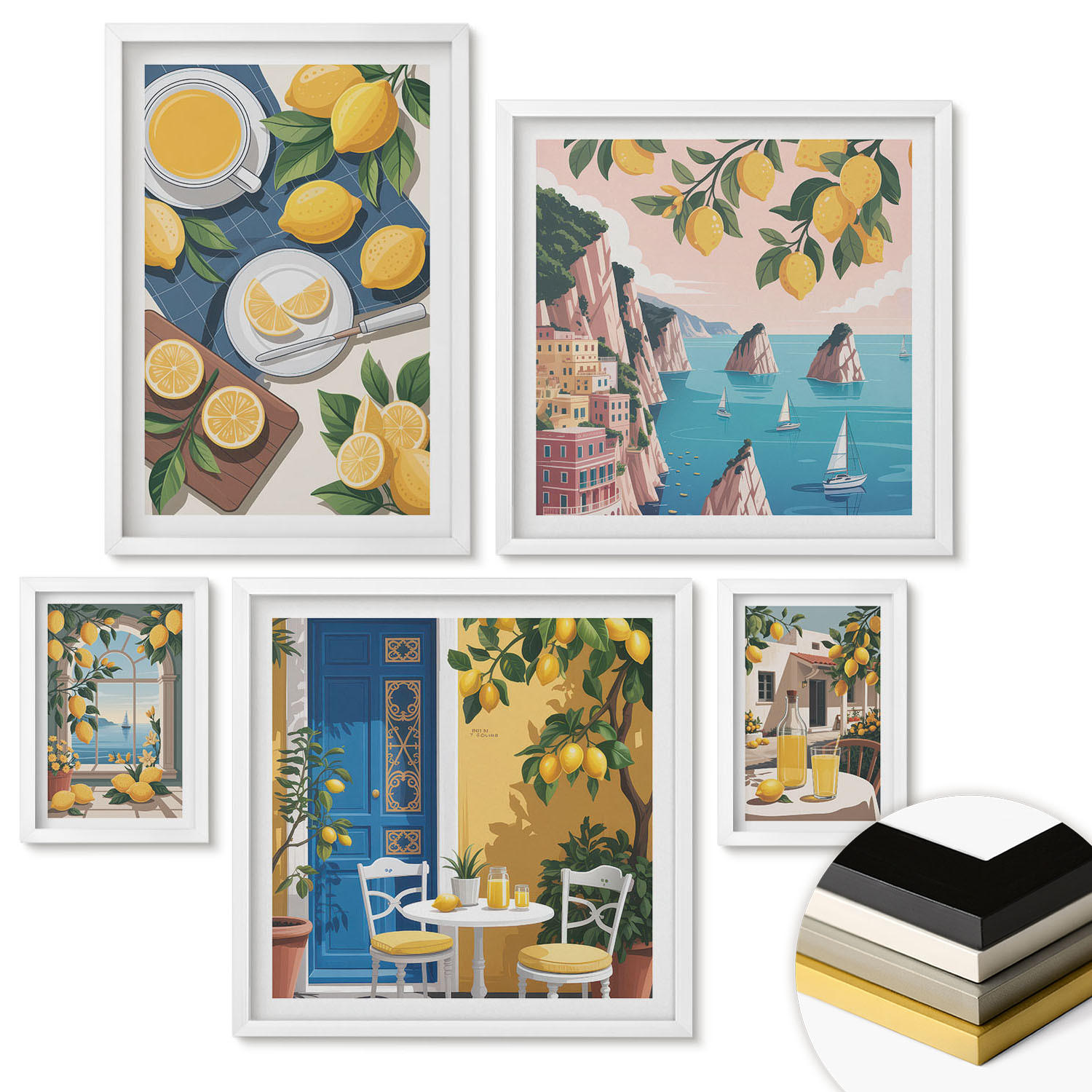 WANDBILDER 5er-Set - 50x50 cm & 20x30 cm & 40x60 cm Weißer Rahmen - Berge, rosa Himmel, Wasser, Sukkulente - Weiß, Kunststoff (40/60cm) - ArtPrintCave