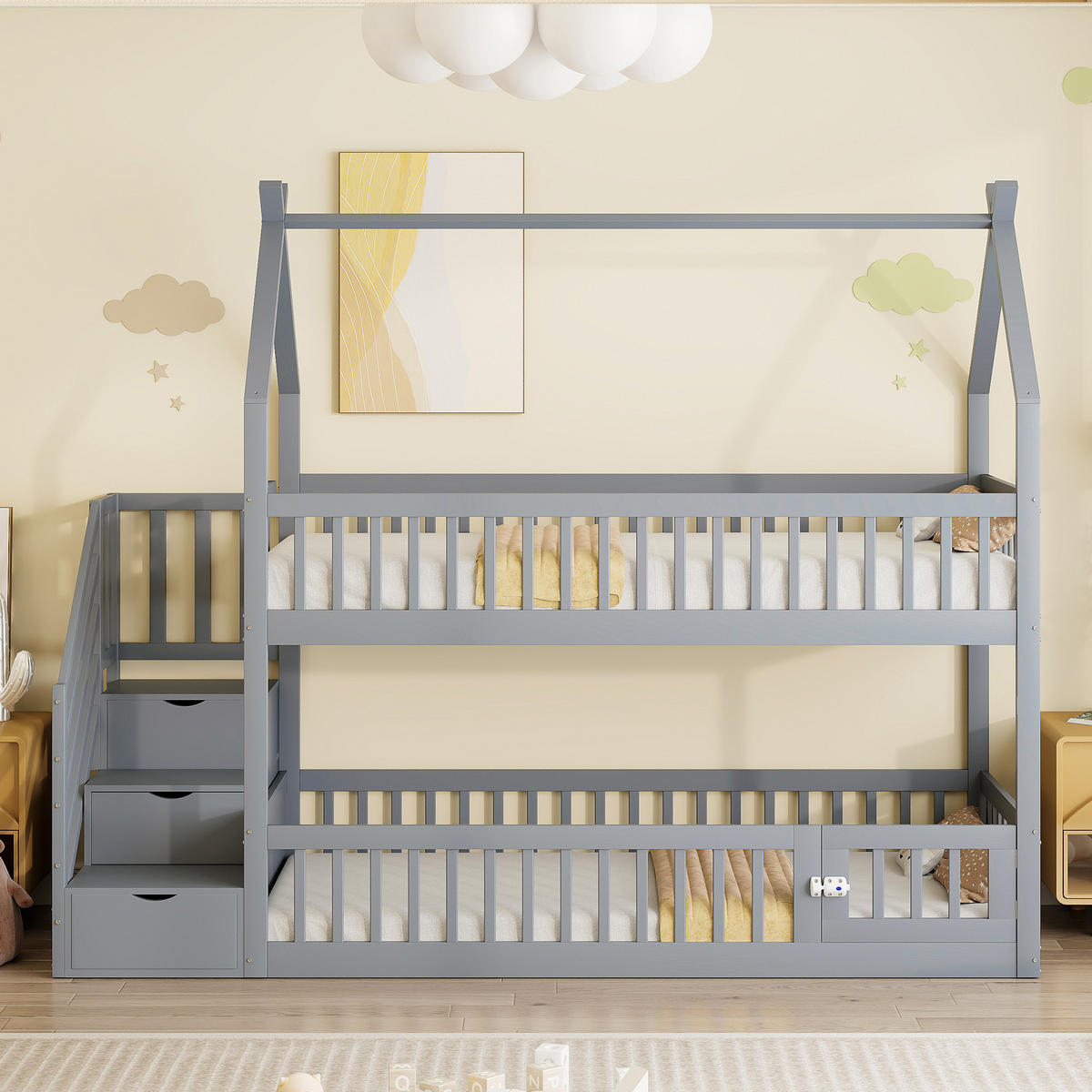 ETAGENBETT 90/200 cm grau aus massivem Kiefernholz mit Dach und Sicherheitstreppe - Grau, Holz (90/200cm) - OKWISH