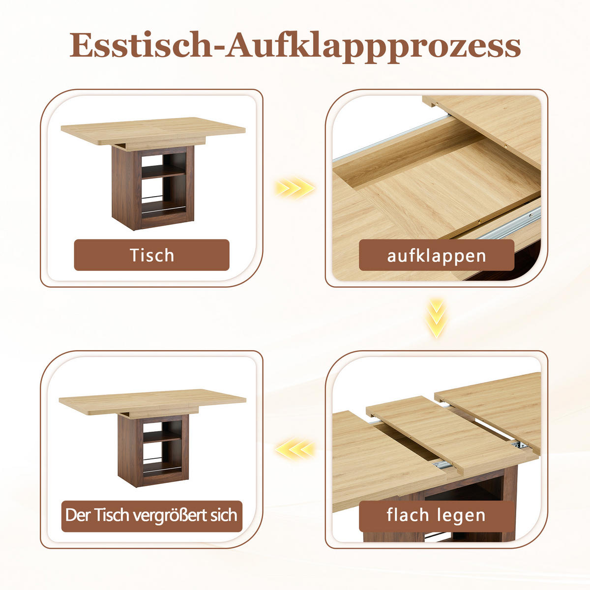 ESSTISCH ausziehbarer Naturholz + Walnuss mit Stauraum und integrierten Fächern 130-160/80/75.5 cm - Naturfarben, Holz (80/160/75.5cm) - Oxeza