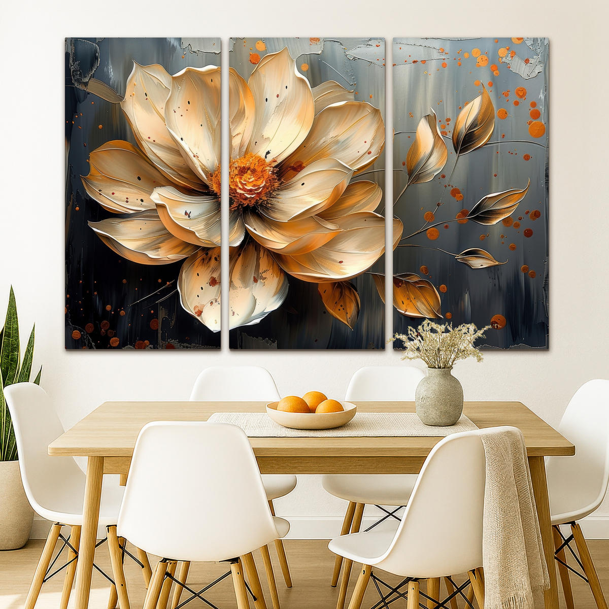 LEINWANDBILD 3er Set Blume - Gold - Abstrakt - Farbe 180x120 cm - Creme, Textil (180/120cm) - MuchoWow