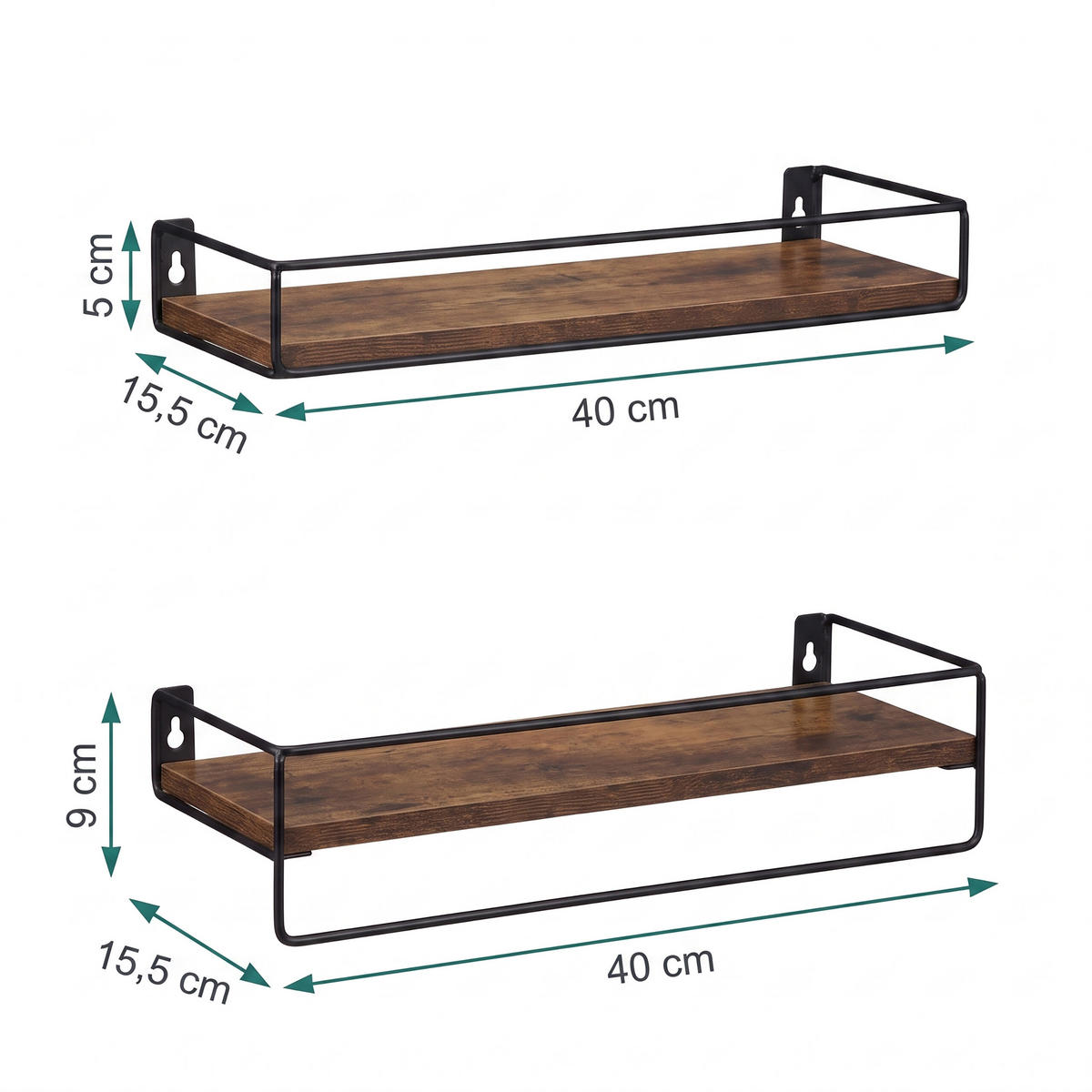 WANDREGAL Vintagebraun 2er-Set mit Metallstange - Braun, Holzwerkstoff/Metall (40/9/15.5cm) - Relaxdays
