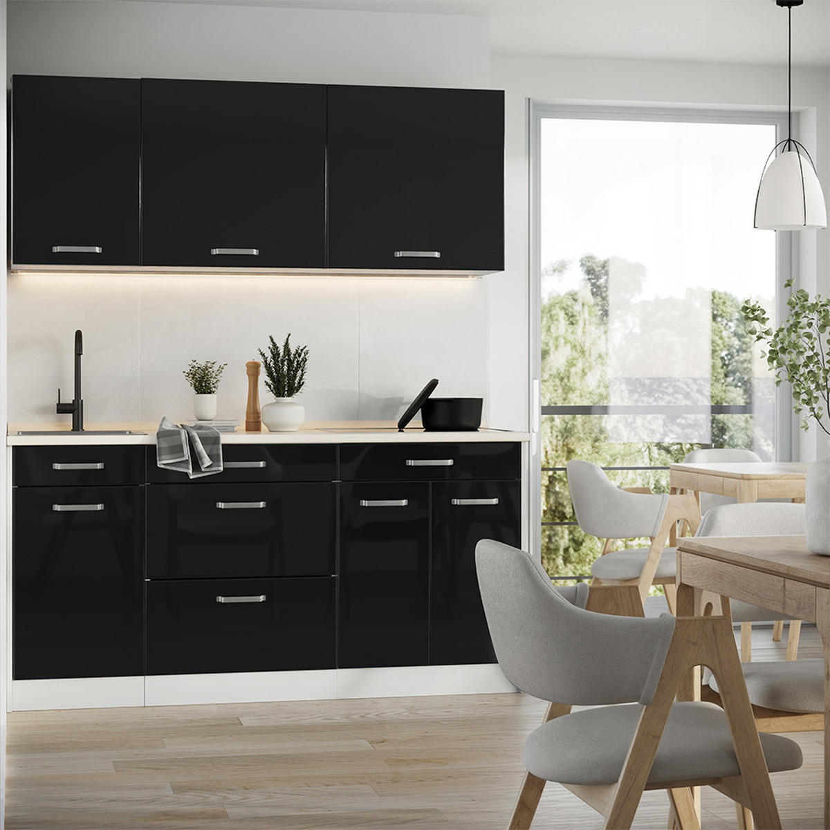 SINGLEKÜCHE R-Line, Schwarz Hochglanz/Weiß, 160 cm Arbeitsplatte Anthrazit - Schwarz Hochglanz/Weiß, Holzwerkstoff (160/81.6/60cm) - Vicco