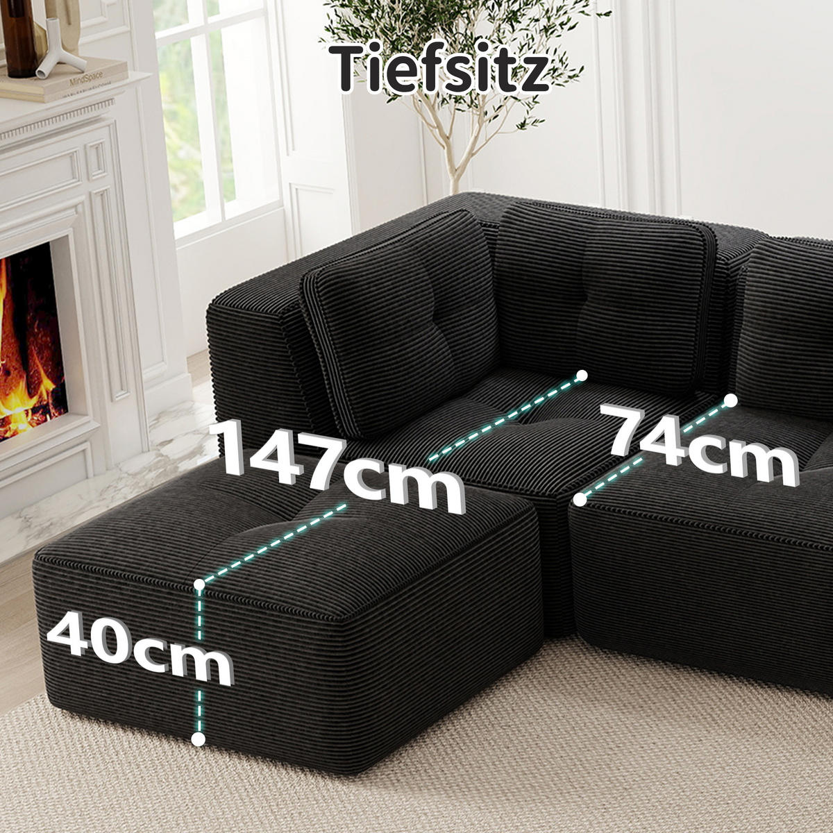 ECKSOFA Cord Schwarz rutschfest und mit Kissen - Schwarz, Textil (177/177cm) - WISHDOR