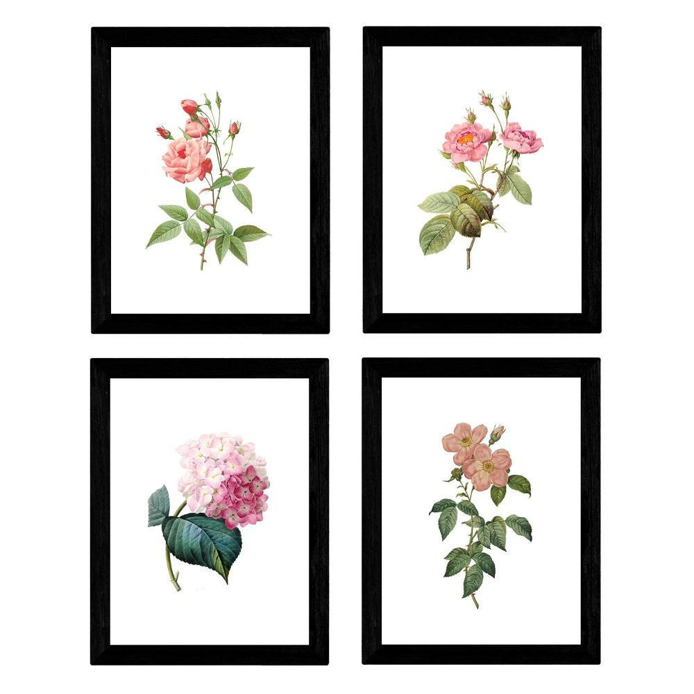POSTER Set mit 4 Botanischen Stils Rosa weich weißer Hintergrund A4 Rahmenlos - Klar, Papier (29.7/3cm) - Nacnic
